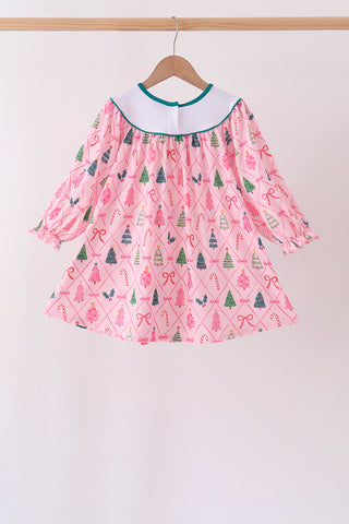 Pink Christmas Tree Embroidery Dress