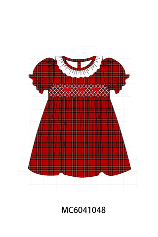 Red Plaid Bow Smocked Ruffe Dress