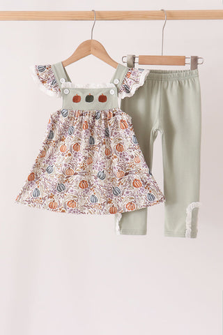 Pumpkin Embroidery Lace Ruffle pants set