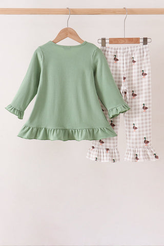 Green Duck guack guack Embroidery Ruffle Pants Set
