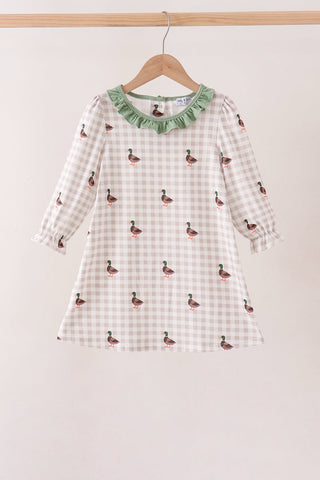 Green Duck Embroidery Gingham Dress