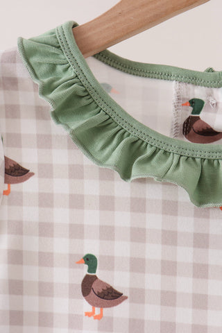 Green Duck Embroidery Gingham Dress
