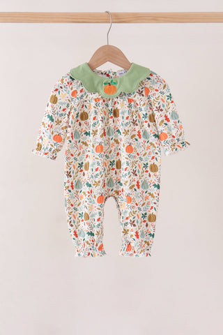 Fall pumpkin embroidery leaves romper