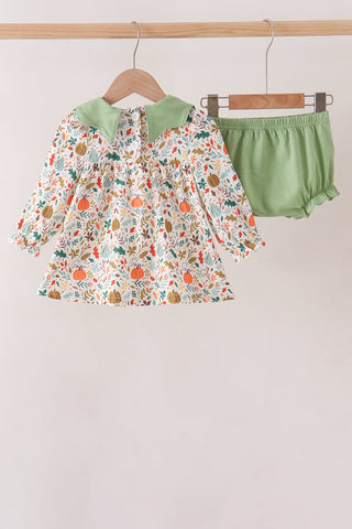 Fall pumpkin embroidery leaves bloomer set