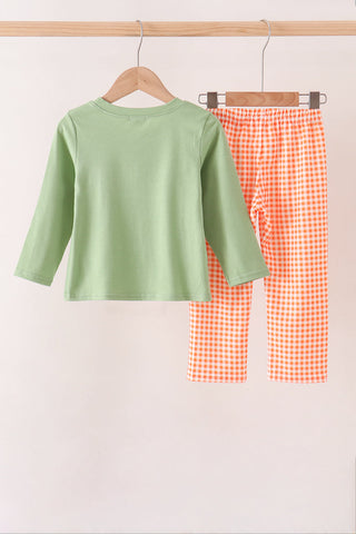 Sage pumpkin embroidery gingham pants set