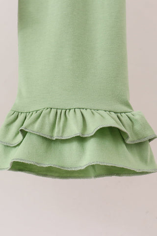 Sage pumpkin embroidery leaves ruffle pants set