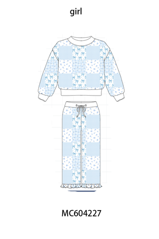 Blue floral bow checkered mom&me pants set