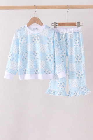 Blue floral bow checkered mom&me pants set