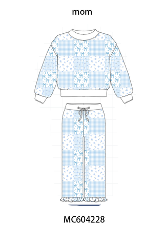 Blue floral bow checkered mom&me pants set