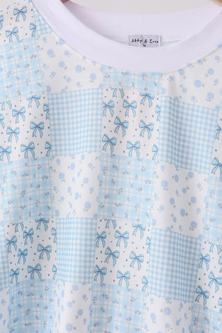 Blue floral bow checkered mom&me pants set