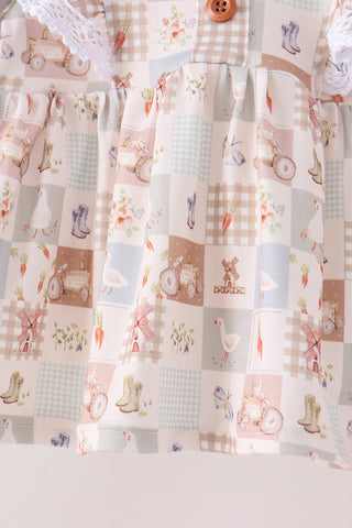 Khaki farm checkered ruffle bloomer set
