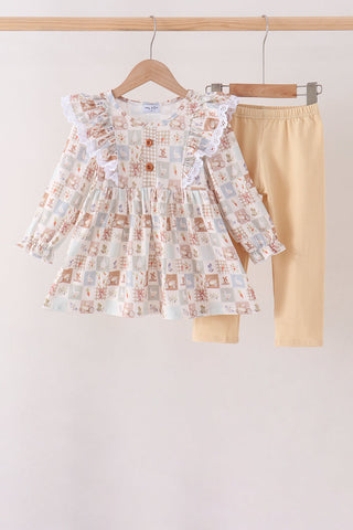 Khaki farm checkered ruffle pants set