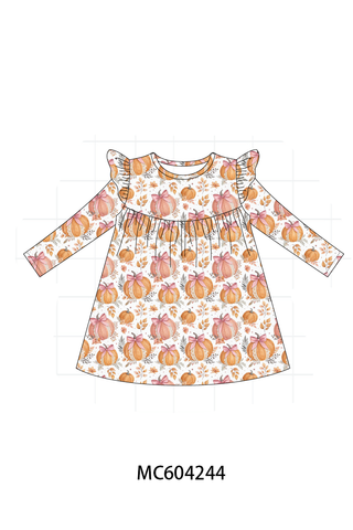 Orange Pumpkin Print Ruffle Dress