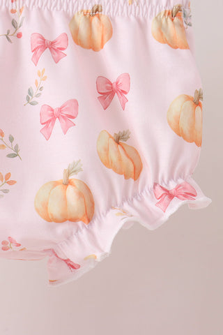 Pink pumpkin bow embroidery ruffle bloomer set