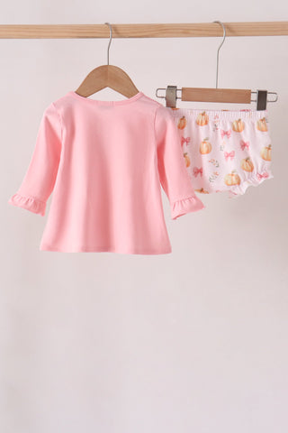 Pink pumpkin bow embroidery ruffle bloomer set