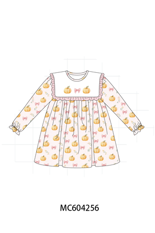 Pink pumpkin bow embroidery ruffle dress