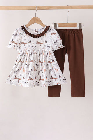 Brown zoo animal ruffle pants set