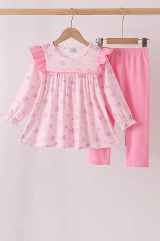 Pink floral bow ruffle pants set