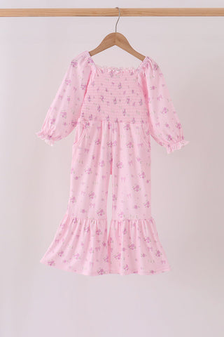 Pink Floral Bow Smocked Jumpsuit