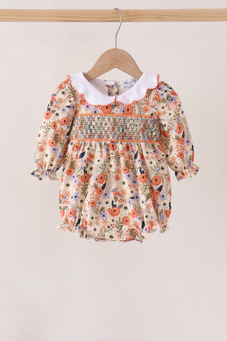 Coral floral smocked bubble