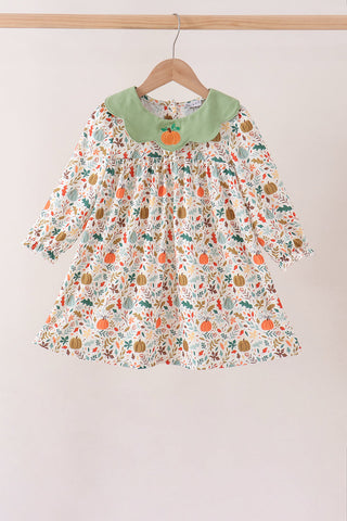 Sage pumpkin embroidery leaves dress