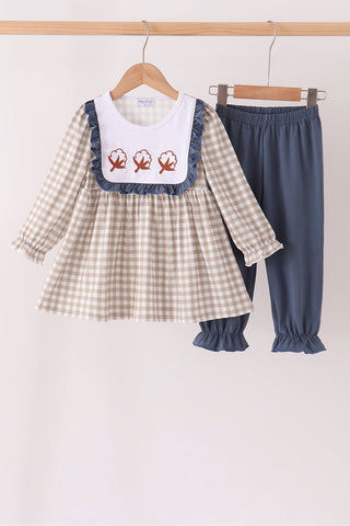Teal cotton embroidery gingham ruffle pants set