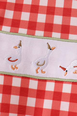 Red goose embroidery gingham romper