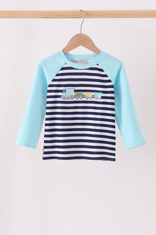 Blue train embroidery stripe top