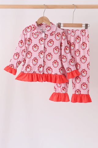 Pink santa claus bamboo ruffle pajama set