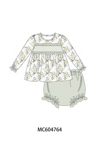 Sage floral smocked ruffle bloomer set