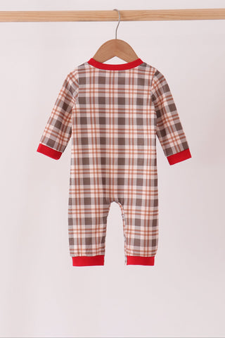 Brown Cow Embroidery Plaid Romper