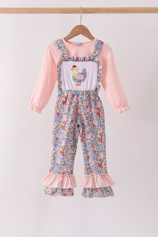Pink Chicken Applique Jumpsuit Set