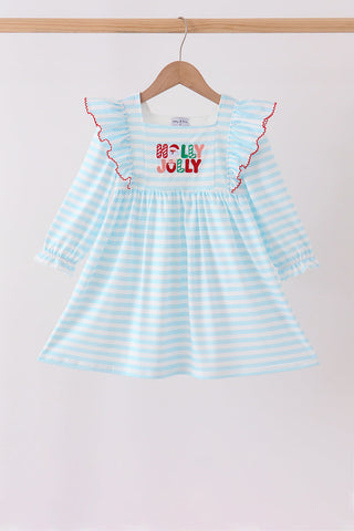 Blue Stripe Holly Jolly Ruffle Dress
