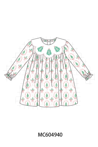 Pink Christmas Tree Embroidery Dress