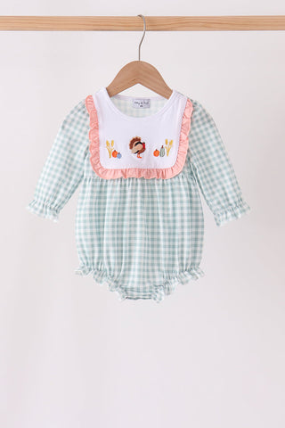 Sage Turkey Embroidery Ruffle Gingham Bubble