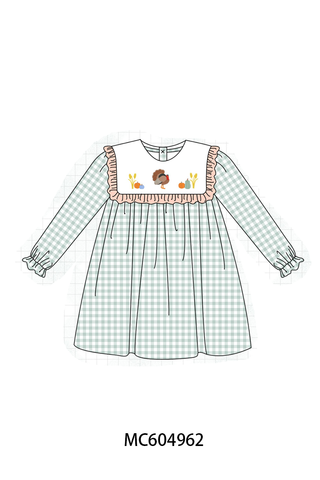 Sage Turkey Embroidery Gingham Ruffle Dress