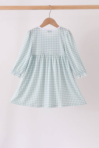 Sage Turkey Embroidery Gingham Ruffle Dress