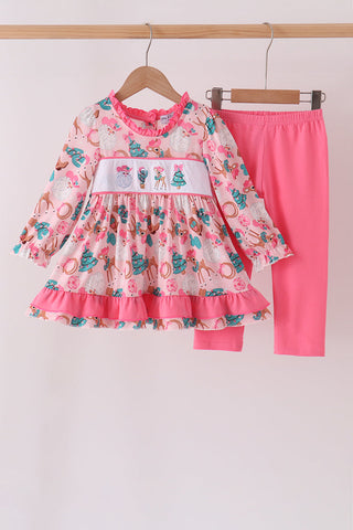 Pink Cowboy Santa Embroidery Ruffle Pants Set