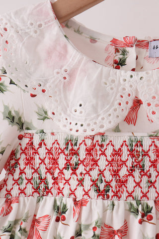 Red Holly Bow Smocked Lace Bloomer Set