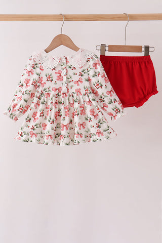 Red Holly Bow Smocked Lace Bloomer Set