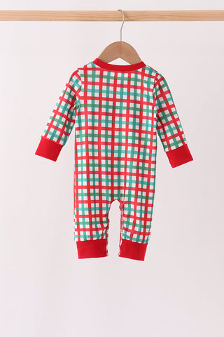 Red Character Embroidery Gingham Romper