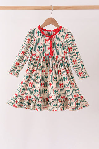 Green Christmas Bow Ruffle Bamboo Dress