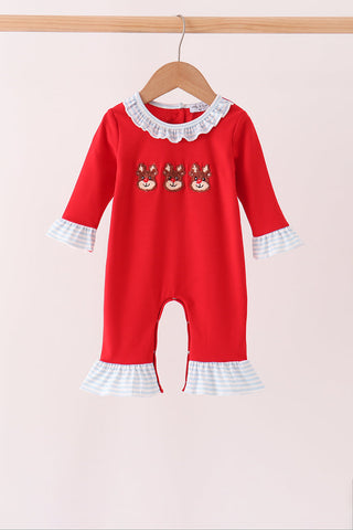 Red Reindeer French Knot Ruffle Romper