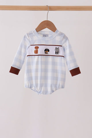 Blue Puppy Embroidery Gingham Bubble