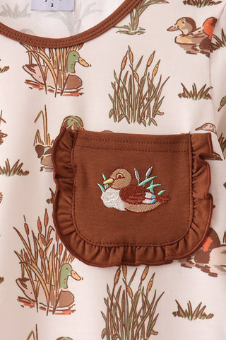 Brown Duck Embroidery Ruffle Pants Set