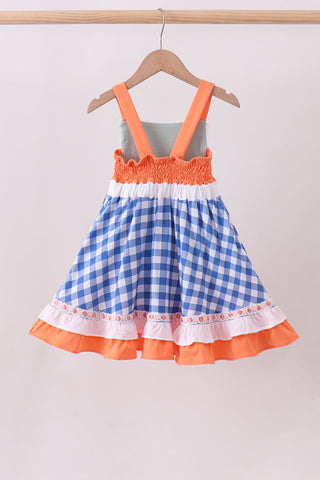Sage strawberry embroidery ruffle gingham dress