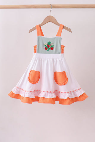 Sage strawberry embroidery ruffle dress