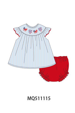 Blue stripe bow fireworks embroidery bloomer set