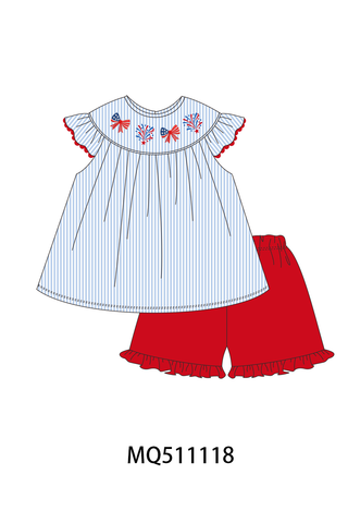 Blue stripe bow fireworks embroidery ruffle shorts set