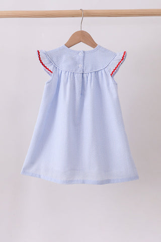 Blue stripe bow fireworks embroidery ruffle dress